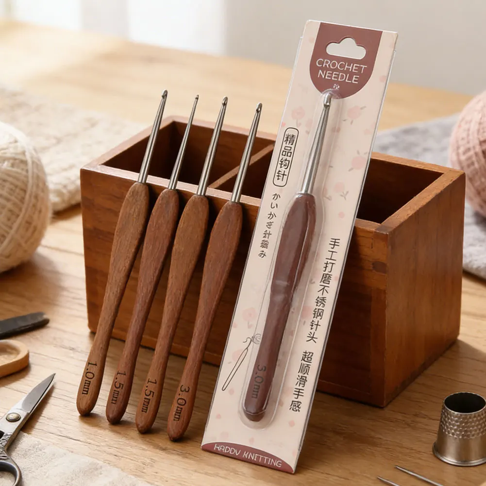 스테인리스 스틸 코바늘, 백단목 손잡이, 가는 바늘머리, DIY 뜨개질 바늘, 실 인형 스웨터 코바늘, 수제 도구
