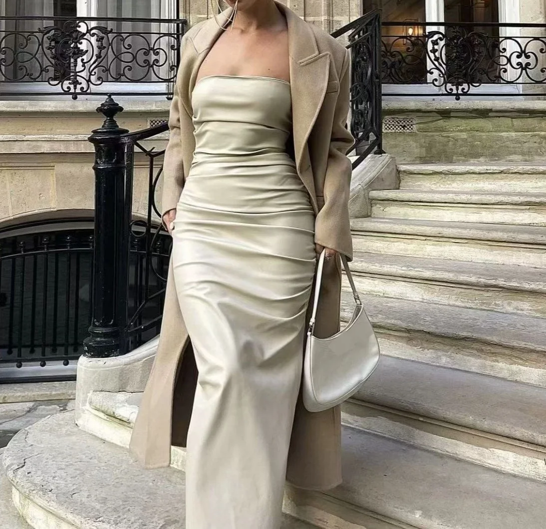 

Women Sexy Leather Tube Midi Dress Sexy Strapless Off Shoulder Faux Leather High Split Pleated Dresses Bodycon Dresses Party