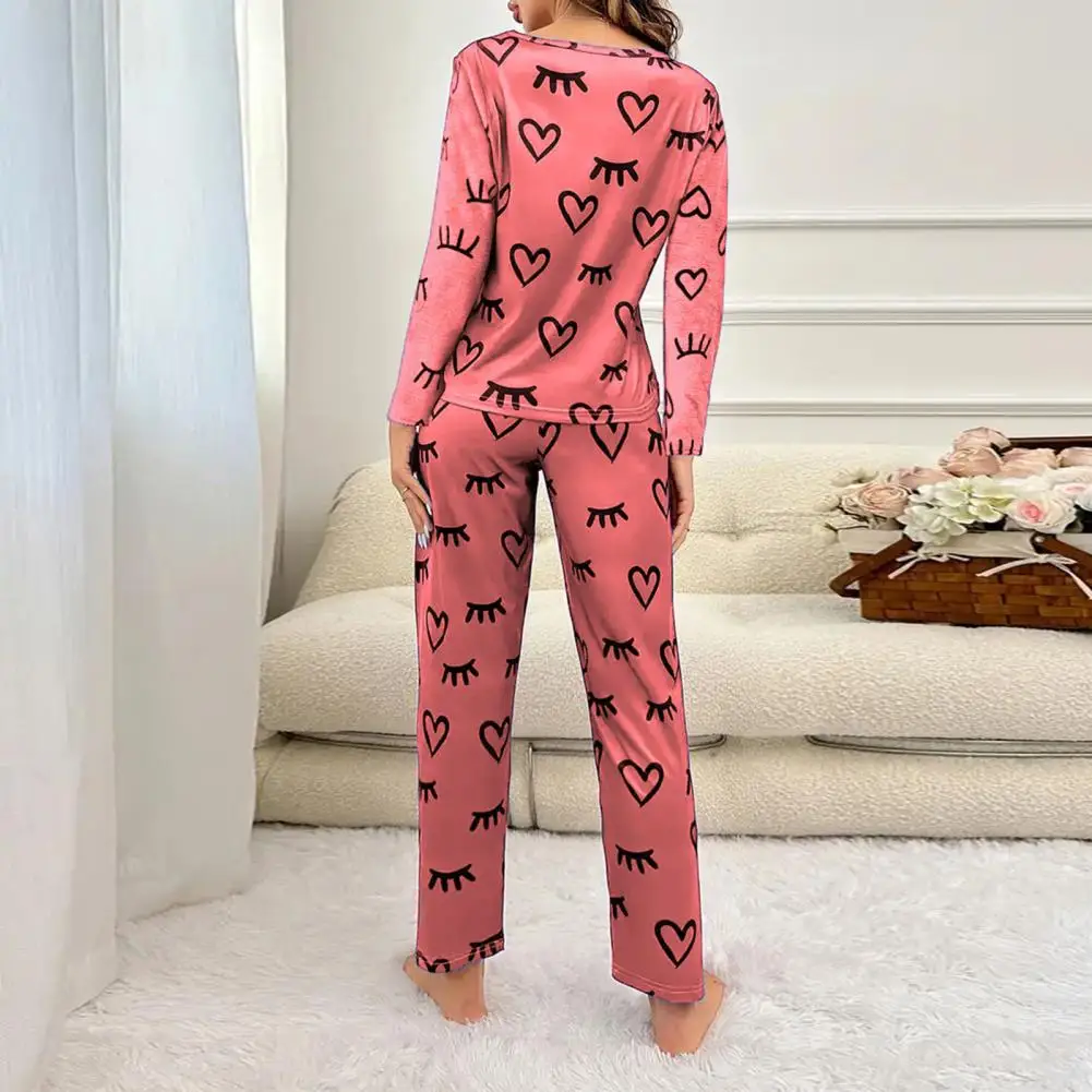

Pajama Set Heart Print Women's Spring Pajamas Set with Long Sleeve Top Elastic Waist Trousers Soft Casual Loungewear for Comfort