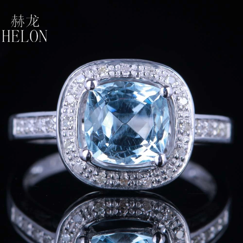 

HELON Solid 14K White Gold Cushion Cut 7mm Sky Blue Topaz Diamonds Engagement Wedding Ring Women Birthday Anniversarry Best Gift