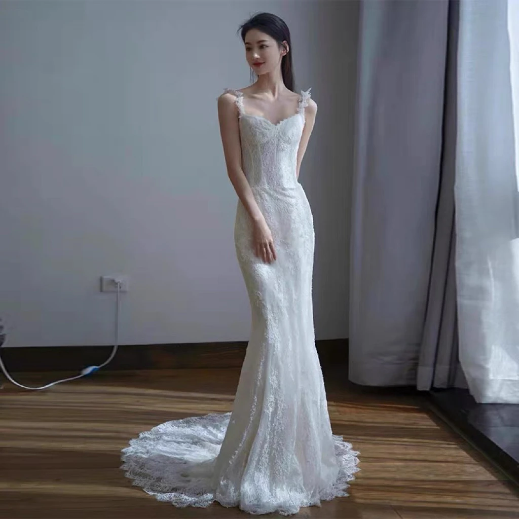 

Mermaid Lace Bride Evening Dresses Beach Party Applique Spaghetti Strap Long Embroidery Chapel Train Celebrity Prom Gowns New
