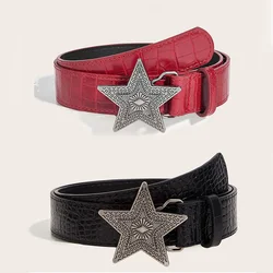 Retro Red Gothic Punk Belt with Five - Pointed Star Buckle in PU Leather (Red and Black)