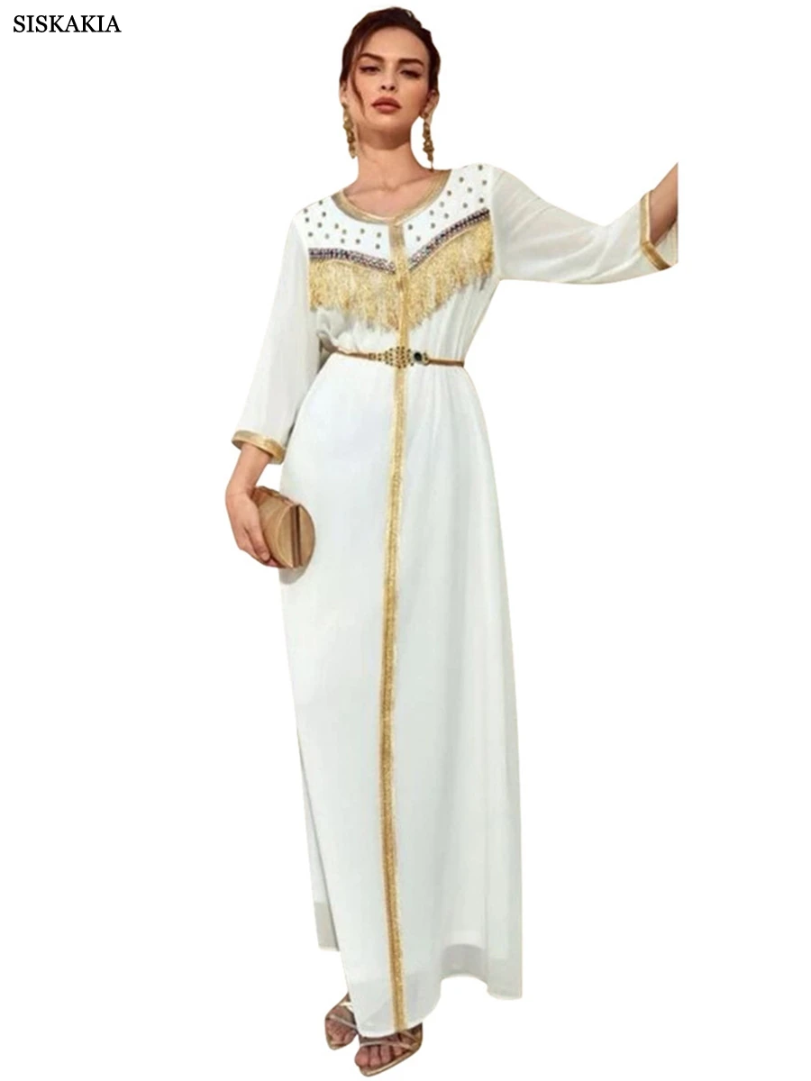 

Siskakia Islamic Abayas White Mesh Tassel Beading Patchwork Tape Trim Crew Neck Wrist Sleeve Elegant Muslim Women Long Dresses
