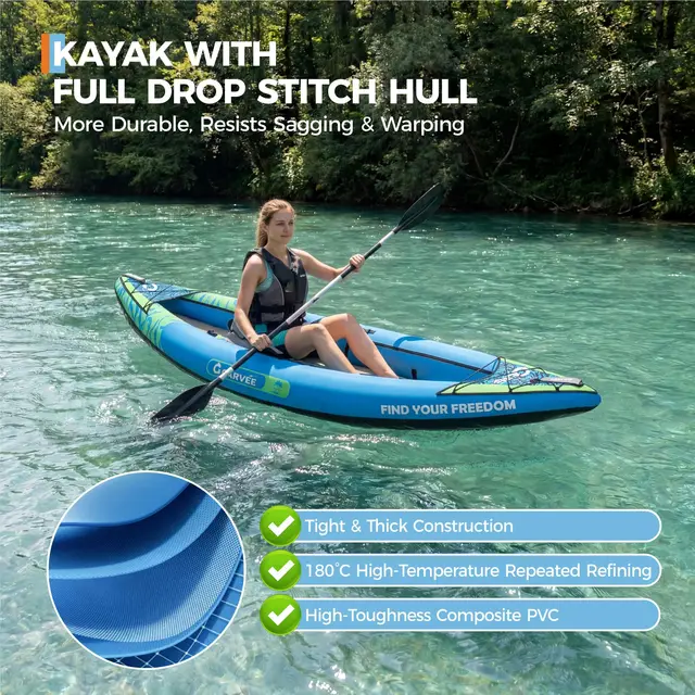 Inflatable 1/2-Person Fishing Kayak for Adults – Durable PVC Collapsible & Portable - with Padded Seats/Removable Fins/Hand Pump/Carry Bag & Repair Kit for Lake River Recreation Touring