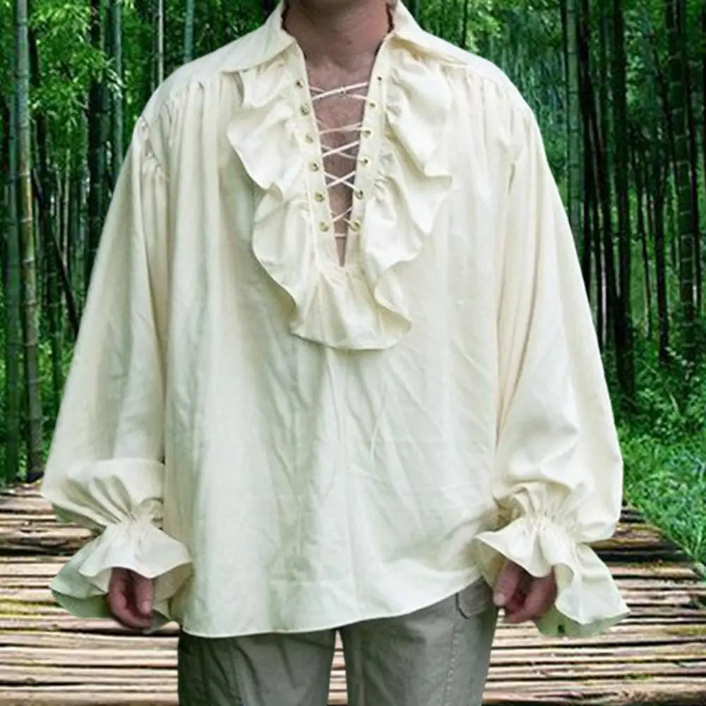 

Medieval Men's Shirt Costume Ruffled Long Sleeve Lace-Up Steampunk Pirate Shirt for Cosplay Stage Drama