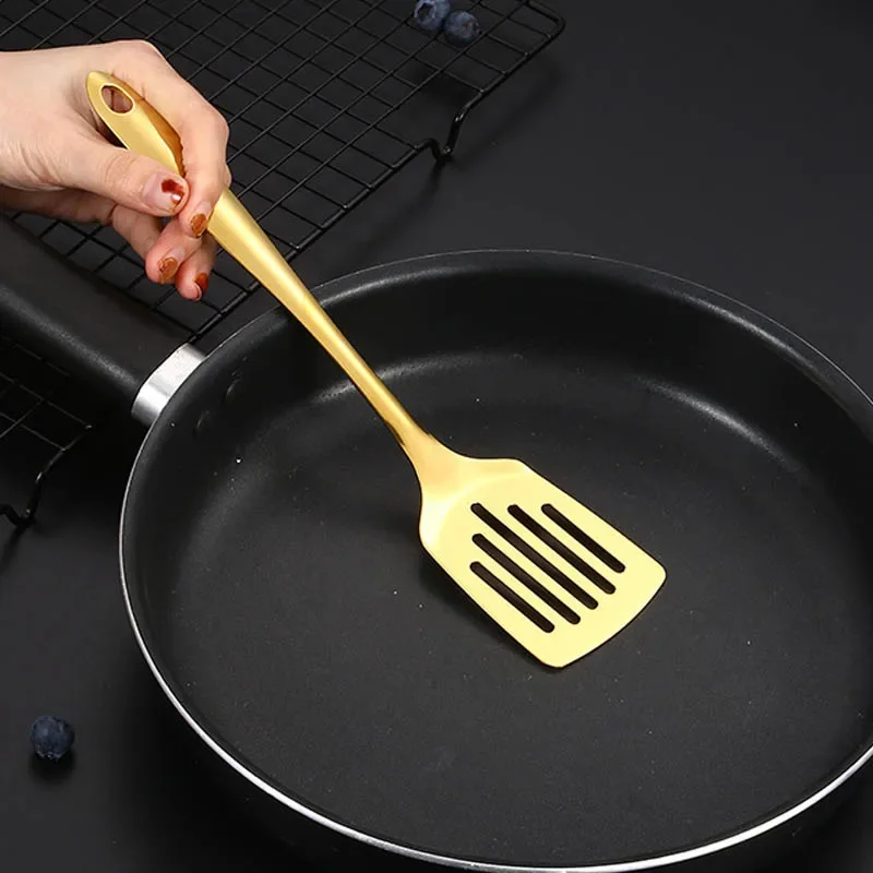 1Pc Korean Stainless Steel Tableware Golden Long Handle Hot Pot Colander Frying Spatula Soup Spoon Kitchen Cooking Gadgets