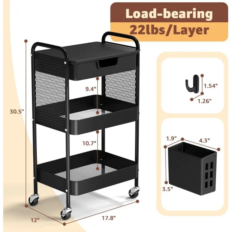 3 Tier Rolling Cart with Drawer, Metal Rolling Utility Cart on Wheels with Pegboard, Art Cart Storage Organizer with Tabletop 6