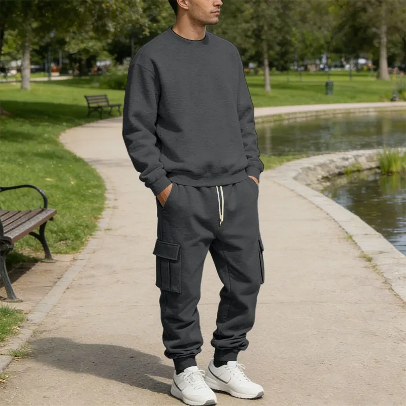 Herren Fleece Rundhals-Sweatshirt-Set Locker Lässiges Langarm-Zweiteiler-Set Herbst Winter Bequemes Sweatshirt Cargo-Hose – Detail 15