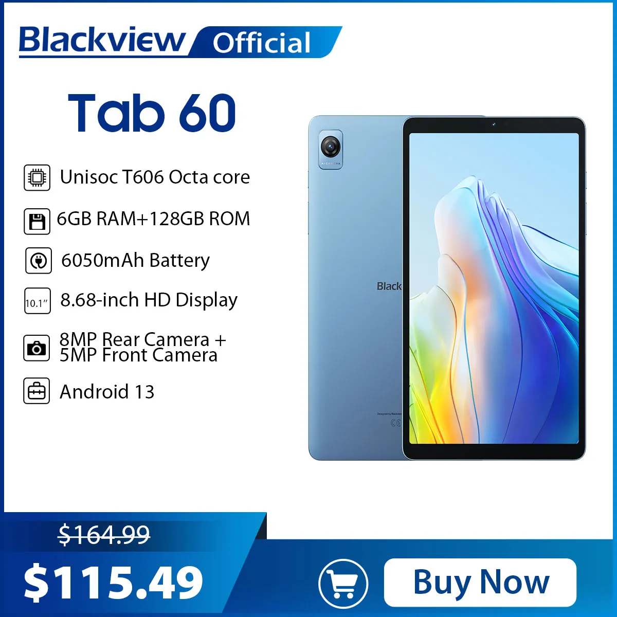 Blackview-Tablet PC 60 Android 13,6GB, 128GB, 8.68インチ,t606 