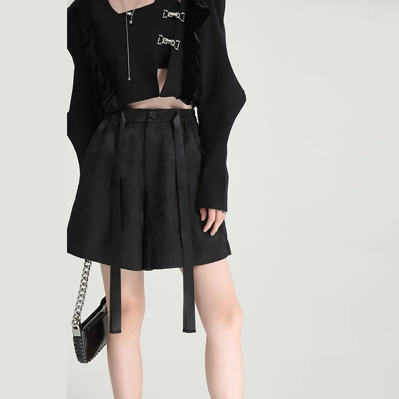 

New Chinese style five points pants national style wide leg pants elastic waist high waist show thin streamer shorts female