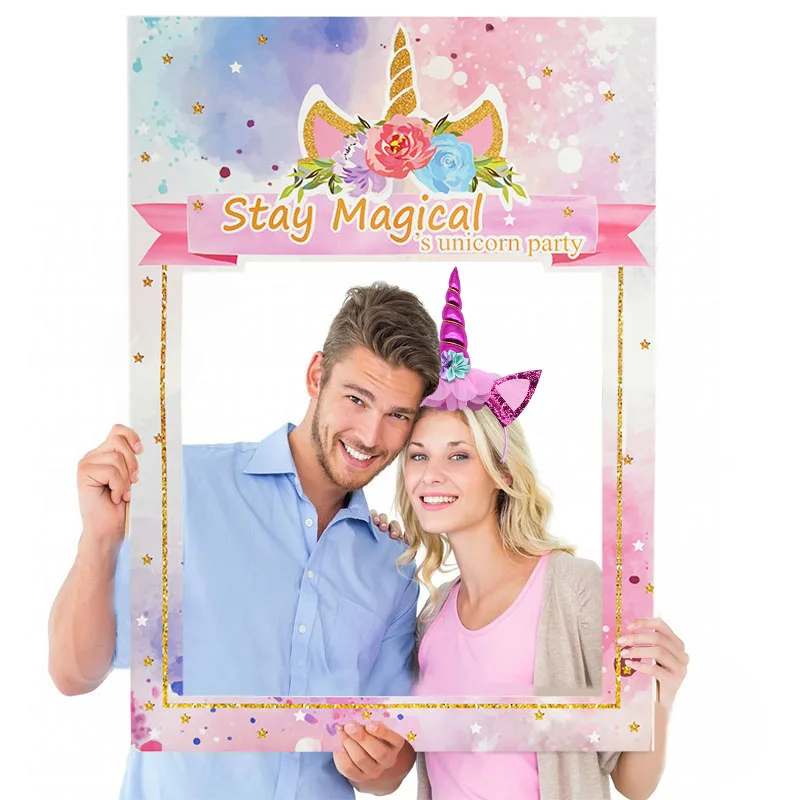 1PCS Unicorn Theme Photo Frame Kids Favor Unicorn Birthday Party Paper Photo Prop For Baby Shower Wedding Decor Unicorn Headband