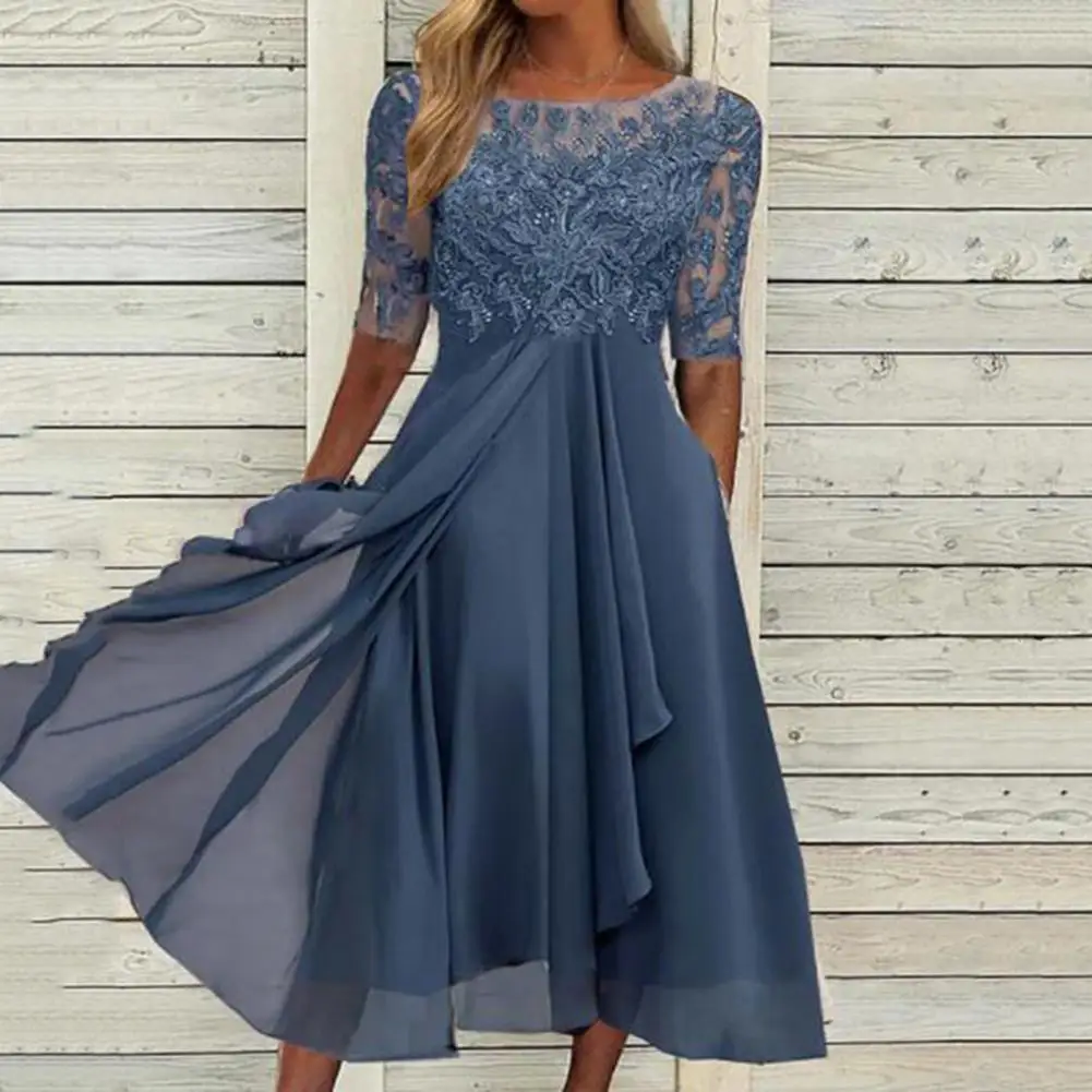 

Fashion A-Line High-Waist Skin-touching Embroidery Lace Splicing Bridesmaid Party Midi Dress Midi Dress Mid-calf Length