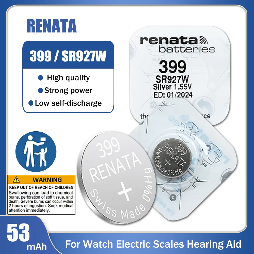 시계 계산기용 실버 산화물 배터리, 장난감 버튼 코인 셀, Renata 399 SR927W AG7 LR927 LR57 ...