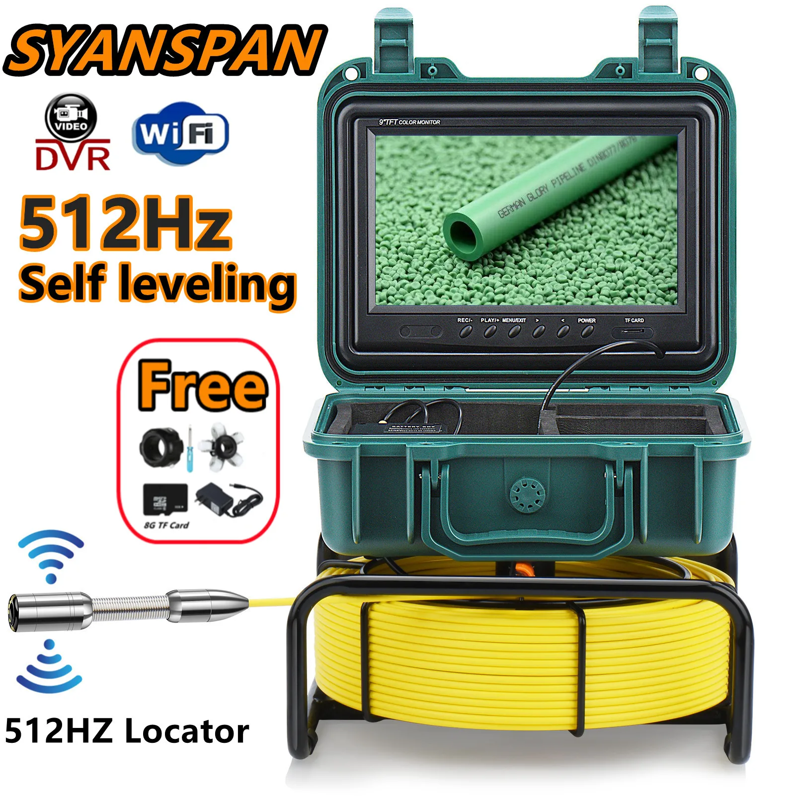 512Hz Self-Leveling Transmitter WiFi DVR 4500mAh 9in SYANSPAN Pipe Sewer Inspection Video Camera,23mm Drain Industrial Endoscope