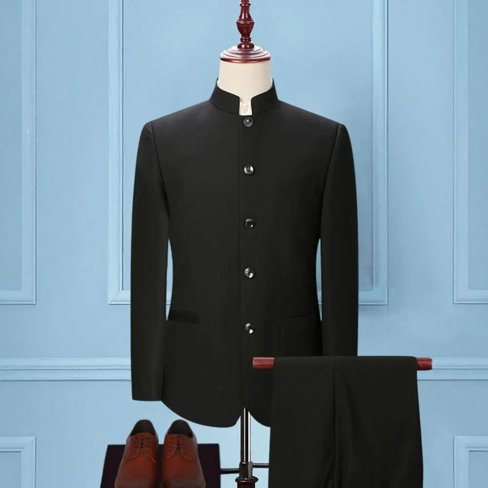 Men Zhongshan Set Chinese Style Stand Collar Wedding Bridesman Dress Suit Single breasted Slim Sets Business Set