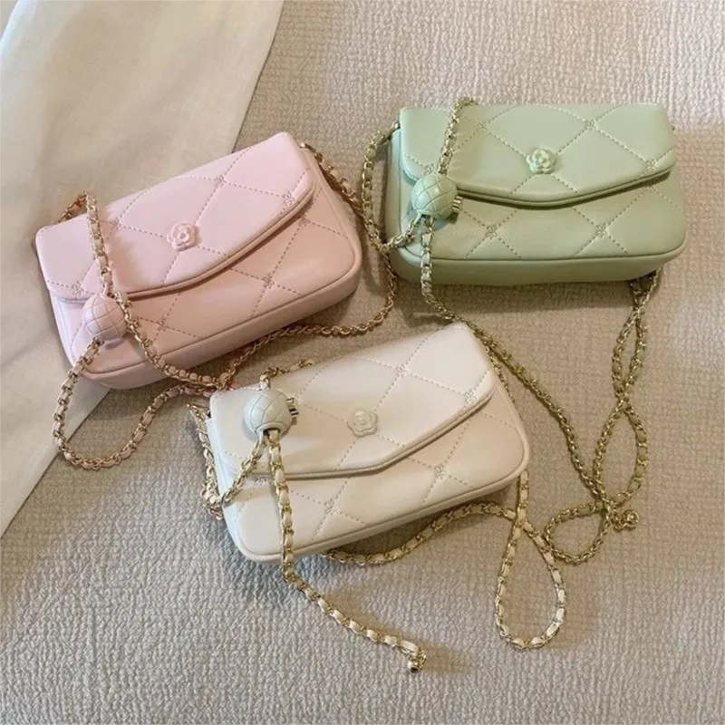 Sweet Cute Quilted Shoulder Bag Women Camellia Chain Solid Color Crossbody Bag Ladies Stitching Leather Small Square Luxury Bags