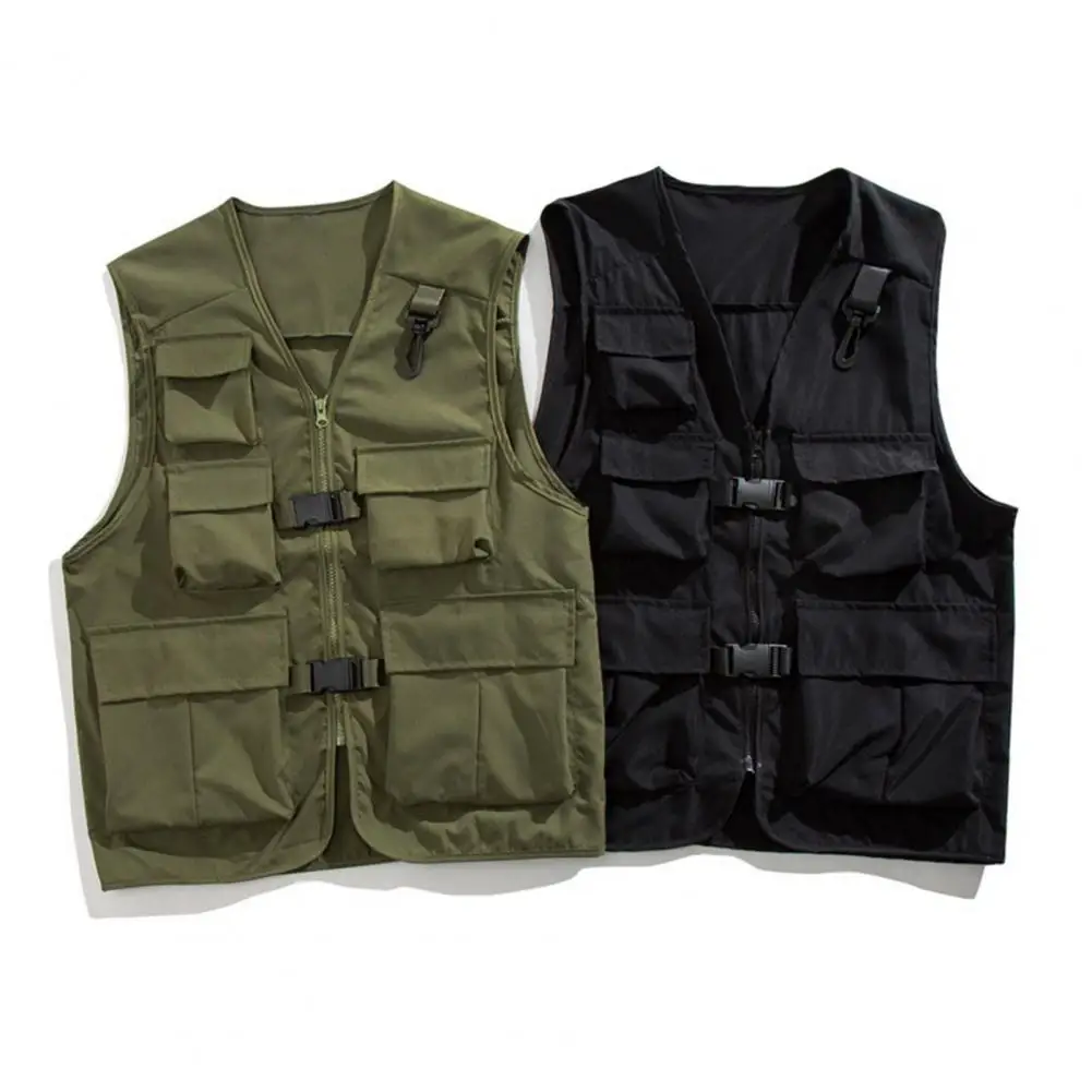 Description Picture 2 of itemMen Casual Vest Coat V-neck Sleeveless Cargo Vest Solid Color Multi Pockets Zipper Buckle Placket Waistcoat Outerwear