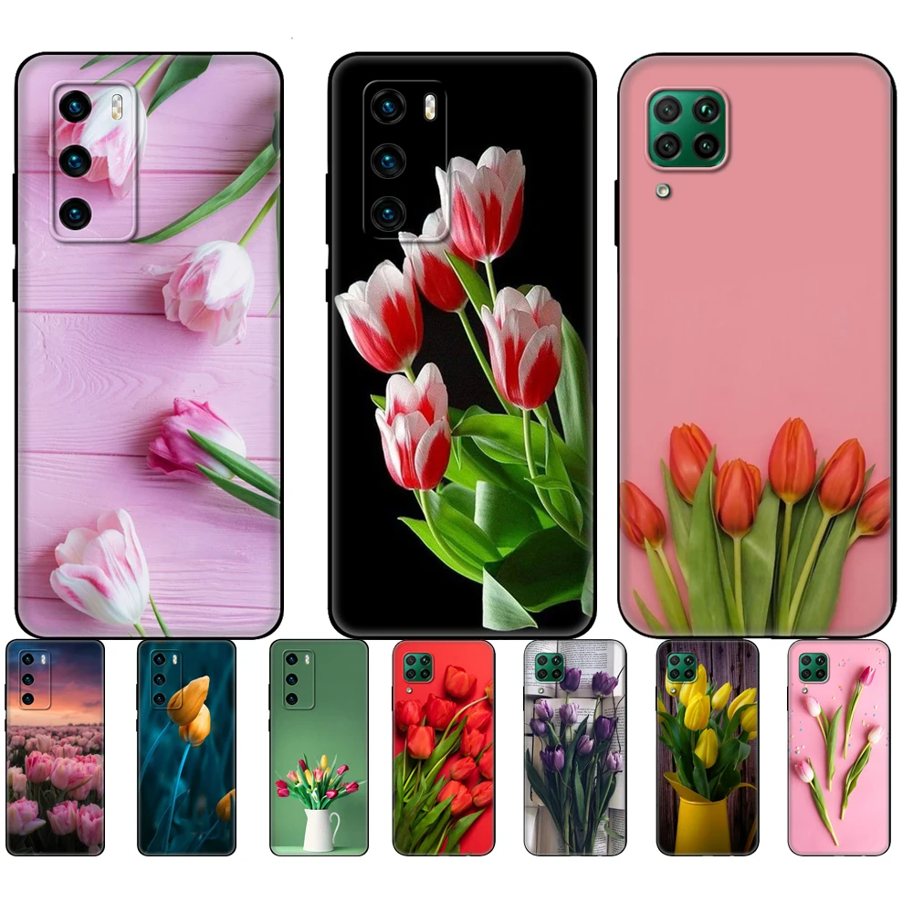 Черный чехол из ТПУ для Huawei P30 Lite Pro P40 LITE E P Smart 2020 с цветком тюльпана |