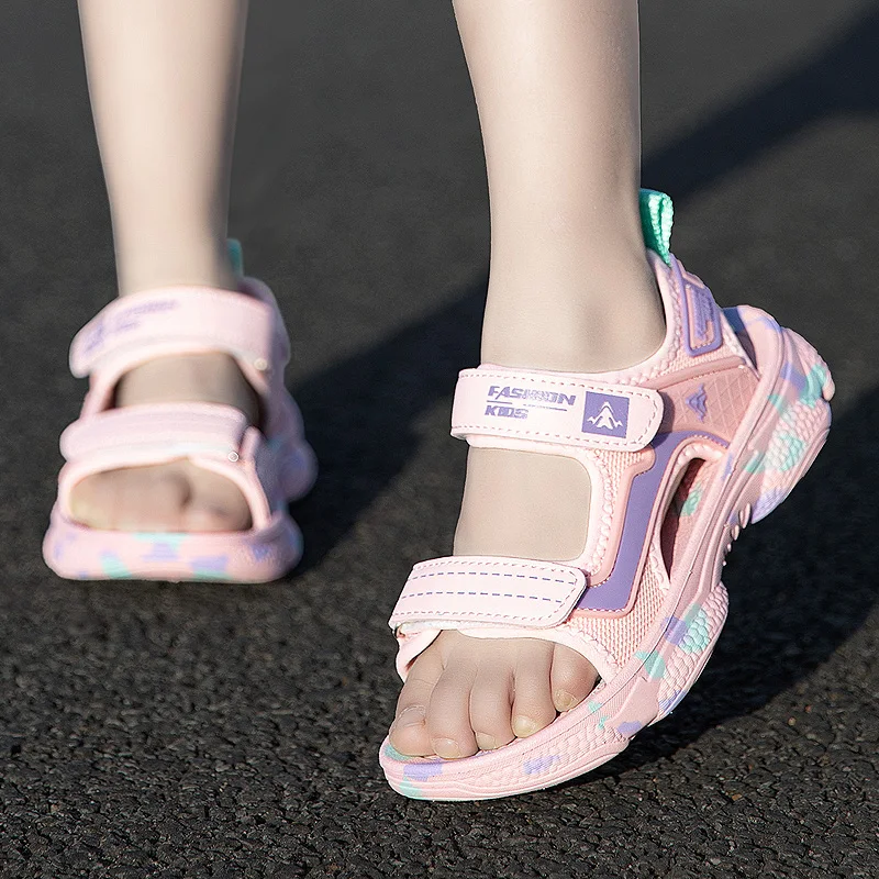 Girls' Sandals 2024 New Summer Boys Soft Soled Students Medium and Large Children Casual Double Row Velcro Beach Shoes - 2