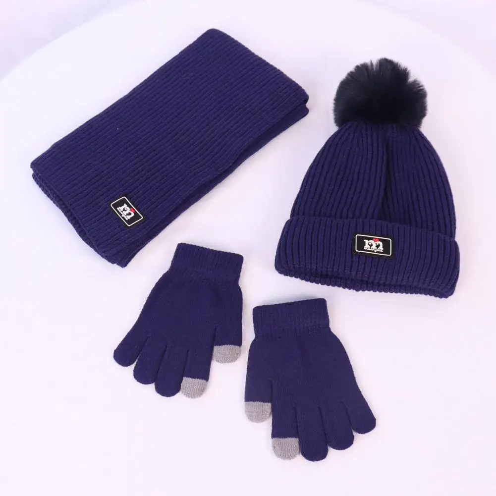 3 Pcs/Set Children Hat Scarf Glove Set Thickened Plush Ball Decor Knitted Anti-slip Heat Retention Windproof Keep Warm Girls Boy