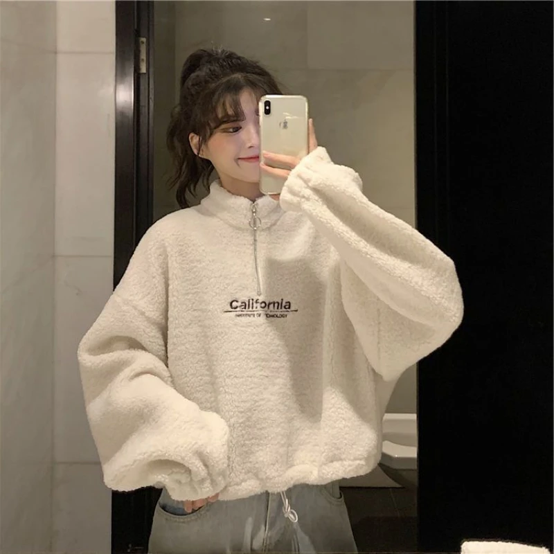 

Autumn Winter Korean 2023 New Loose Sweatshirt Women's Velvet Long-sleeved Top Tracksuit Female Y2k Clothing Woman Fashion Style