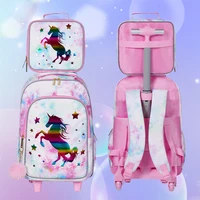3PCS Rolling Backpack for Girls Kids Wheeled School BookBag With Lunch And Pen Bag Pink Unicorn Glow-in-the-dark Function 3