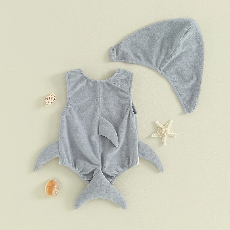Halloween Baby Shark Costume Rompers Infant Boys Girls Mouth Print Sleeveless Bodysuit with Hat 5