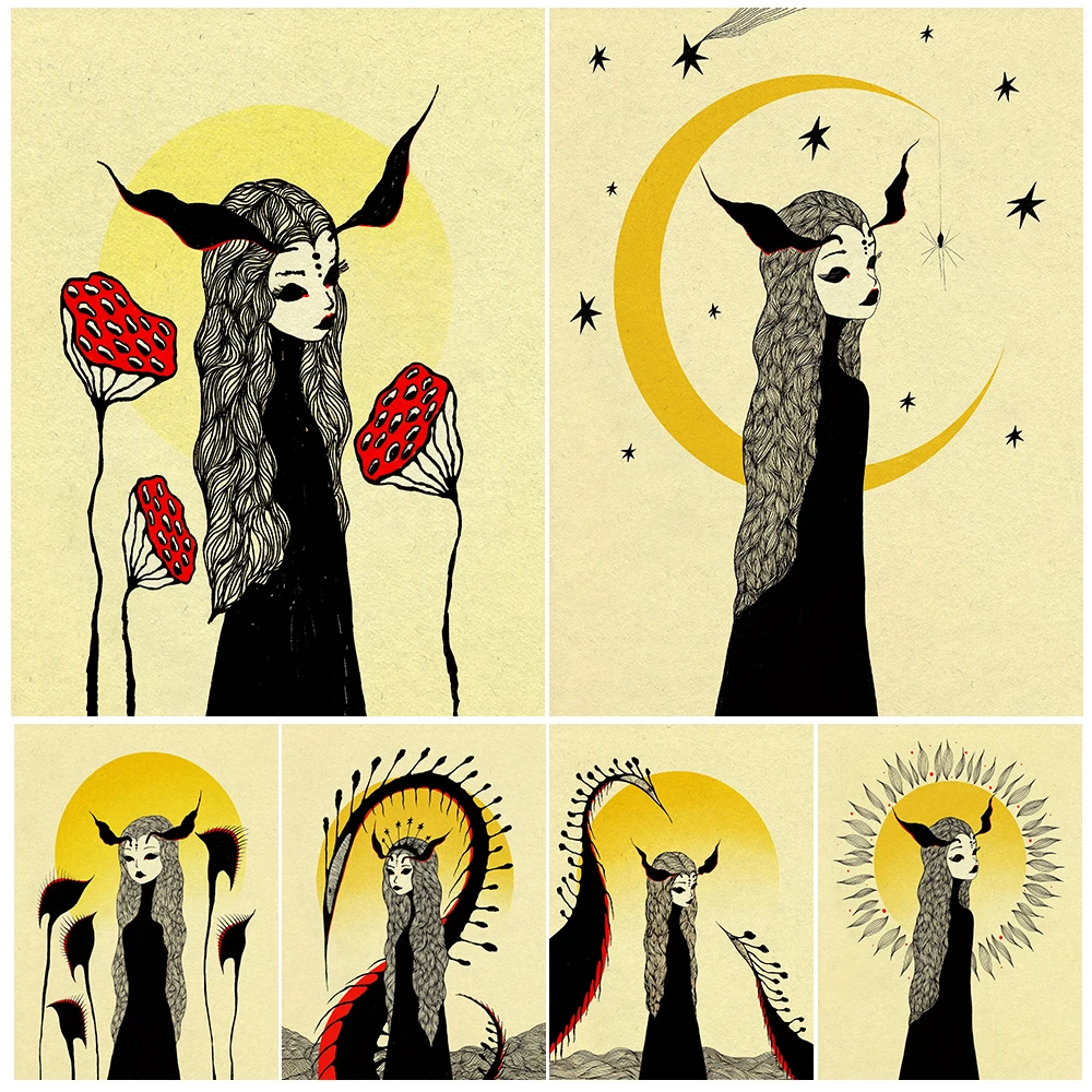 

Lotus Pod Fairy Girl Aesthetic Witch Vintage Wall Art Canvas Painting Gothic Illustration Dark Academia Art Poster Print Decor