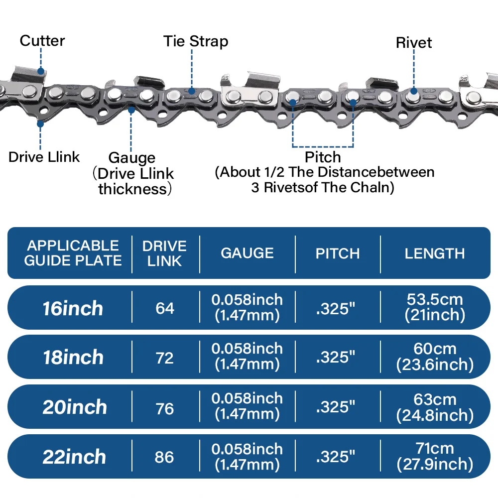 Chainsaw Chain 1PC 16/18/20/22-inch 325 Pitch .058 Gauge 64/72/76/86 Drive Link For Chainsaws