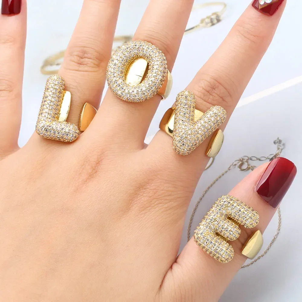 Classics Chunky Alphabet Letter Opening Wide Finger Ring for Women Men Sparkling Zircon A-Z Initial Gold Plated Rings Party Gift