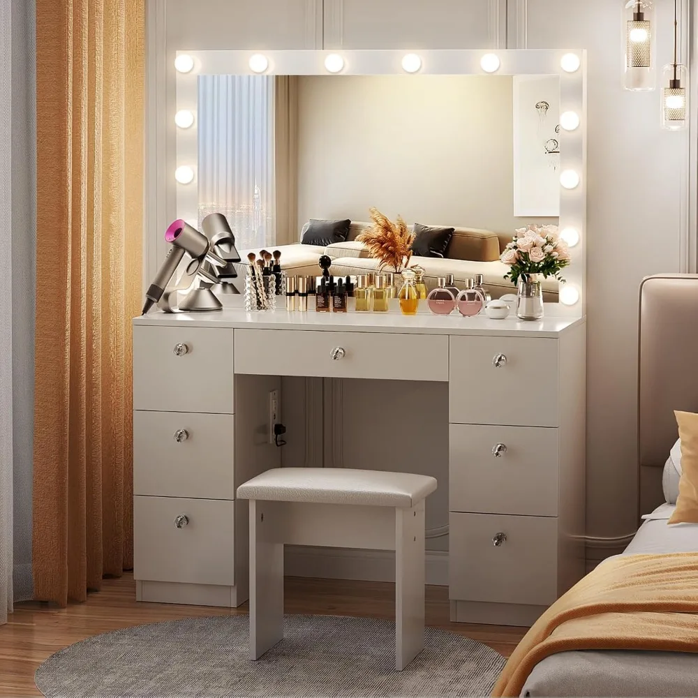 Vanity Makeup Desk with Lighted Mirror, Power Outlet, Soft Stool and 7 Drawers, 3 Color Lighting Modes Adjustable Brightness 6