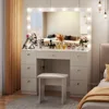 Vanity Makeup Desk with Lighted Mirror, Power Outlet, Soft Stool and 7 Drawers, 3 Color Lighting Modes Adjustable Brightness 6
