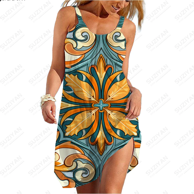 

Женское летнее платье в стиле ретро, удобное дышащее Платье с принтом в национальном стиле, Повседневное платье без рукавов