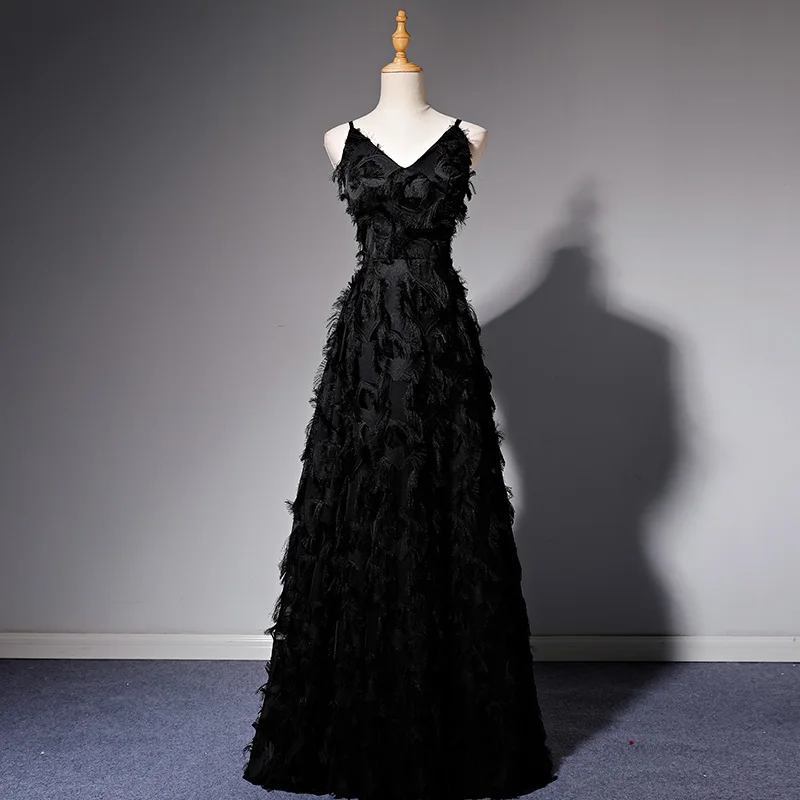 2026 Spring/Summer New Women's V-neck Feather Black Banquet Sexy Evening Dress Fashionable Slimming Strap Long Dress Customize 1