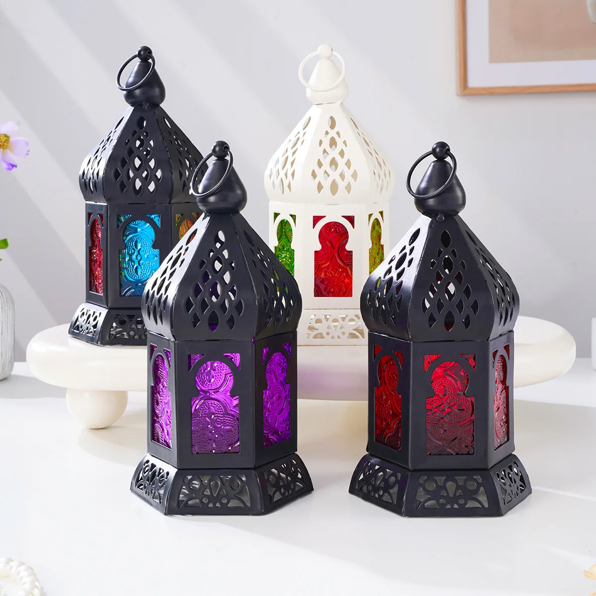1PC, European retro ironwork, colored windproof glass, elliptical hollowed-out candlestick lighting fixture