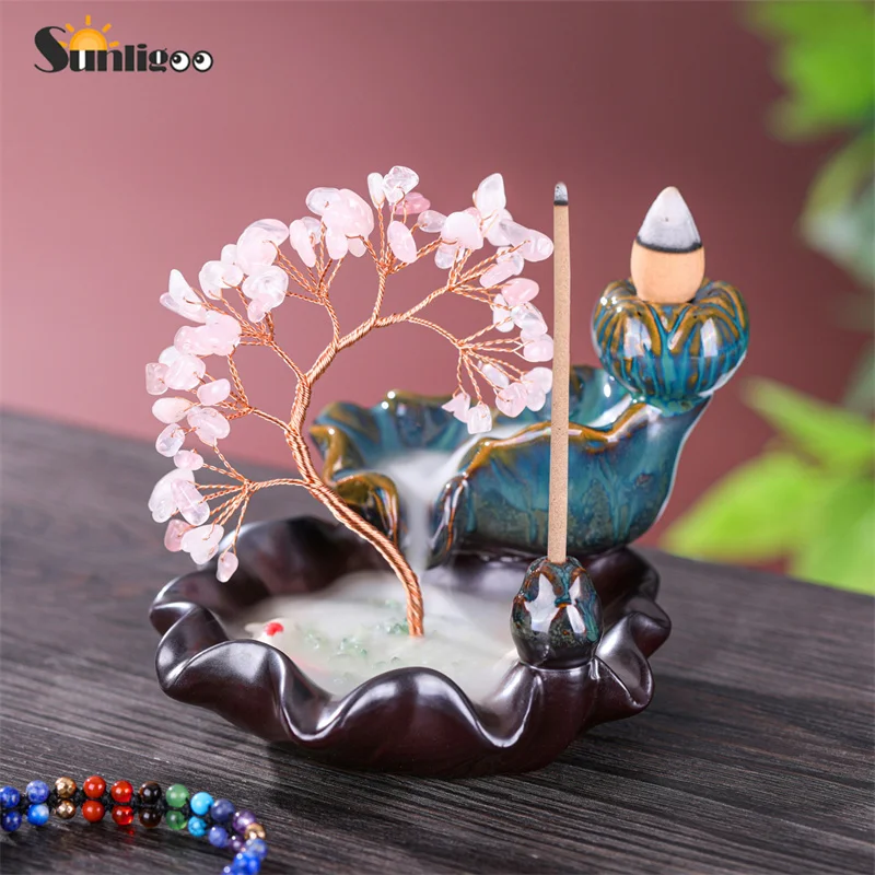 Sunligoo Handmade Natural Crystal Gemstone Tree In Ceramics Lotus Leaf Waterfalls W/ Incense Holder Meditation Yoga Room Decor