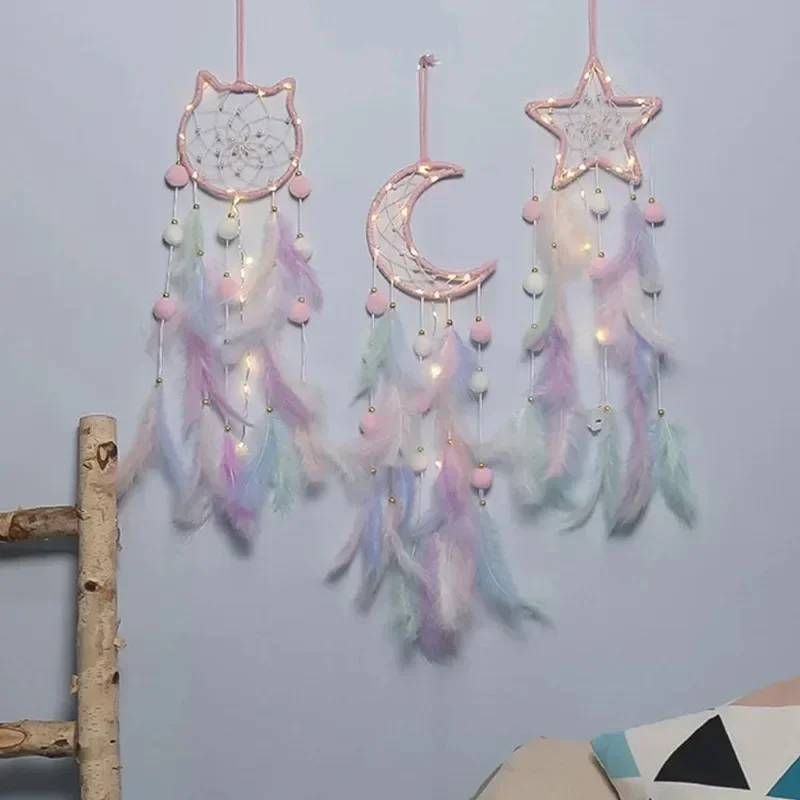 Cute Dream Catcher To Hang Home Decoration Star Moon Dreamcatcher Feather Ornaments Wall Hanging Interior Kid Room House Decor