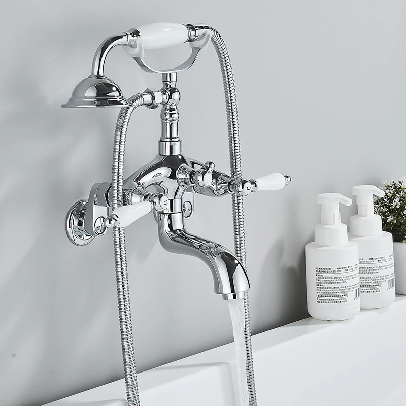 Bathroom Bathtub Faucet Dual Handles Handheld with Hand Shower Bath Shower Mixer Tap Wall Mount Swivel Spout Tub Retro Faucet 2