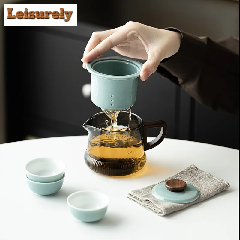 Leisurely Soot Galss Travel Tea Set Kit Handmade 1 Pot 3 Cups Tea Maker Filter Teapot Organizer Portable Outdoor Stock Bags Gift