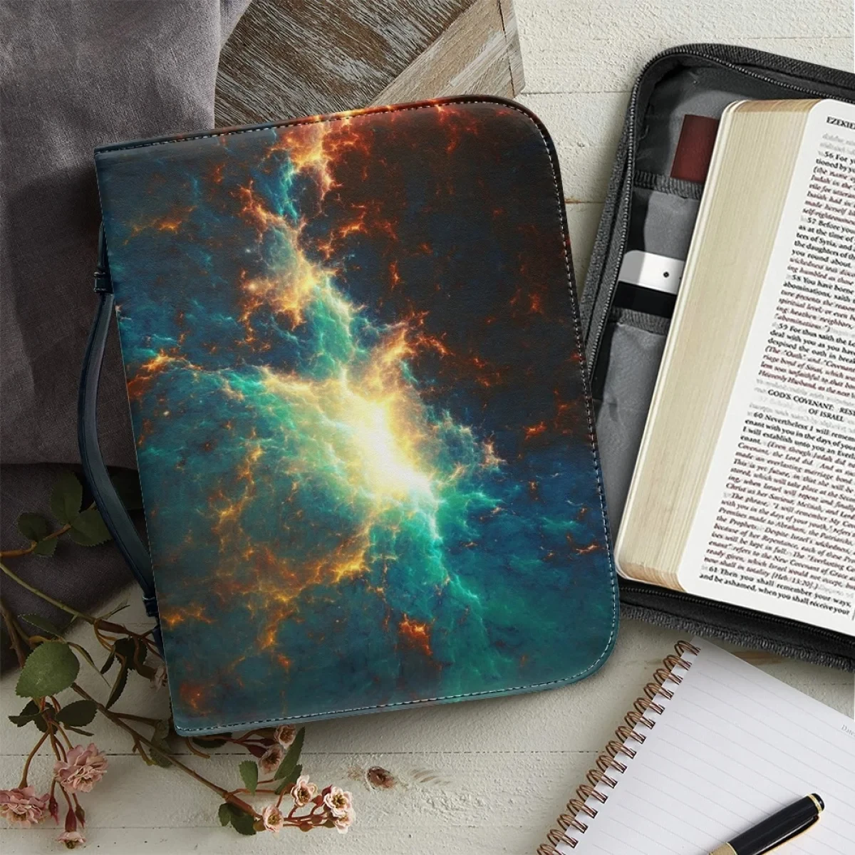 

Fantasy Nebula Design Women's Bible Storage Bags Church Prayer Handbags Leather Zippered Handle Bible Carrying Case Dropshipping