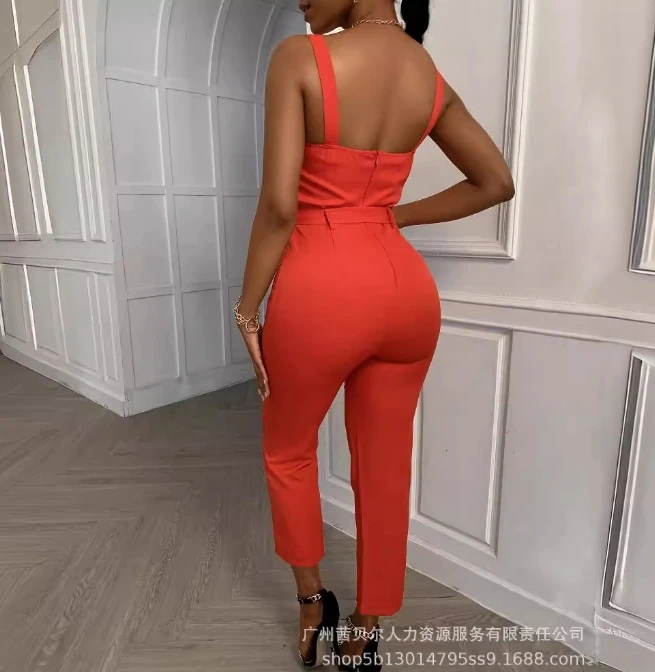 Commuting Style Jumpsuits for Women New Casual Solid Color Sleeveless Pocket Women One Pieces Bodysuit Summer Elegant Jumpsuit