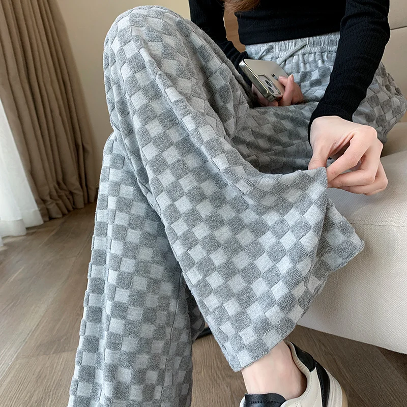 

Women's Plaid Wide Leg Pants Y2K Traf Corduroy Casual Checkered Trousers Korean Style Streetwear Harajuku Women Pants PELEDRESS