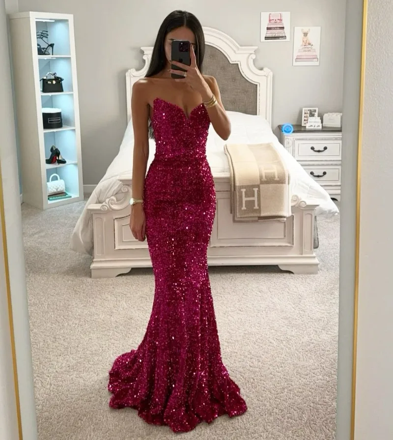 

Popular Velour Spring Formal Party Dresses 2024 Strapless Sequined Evening Dress Fit Slim Fishtail Prom Gown Vestidos Noche