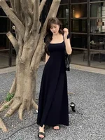 PTKPCC New Summer Waist-fitted Elegant French Style Women's Grey Short Sleeve Tank Dress Long Dress  Sexy Dress - Image 2