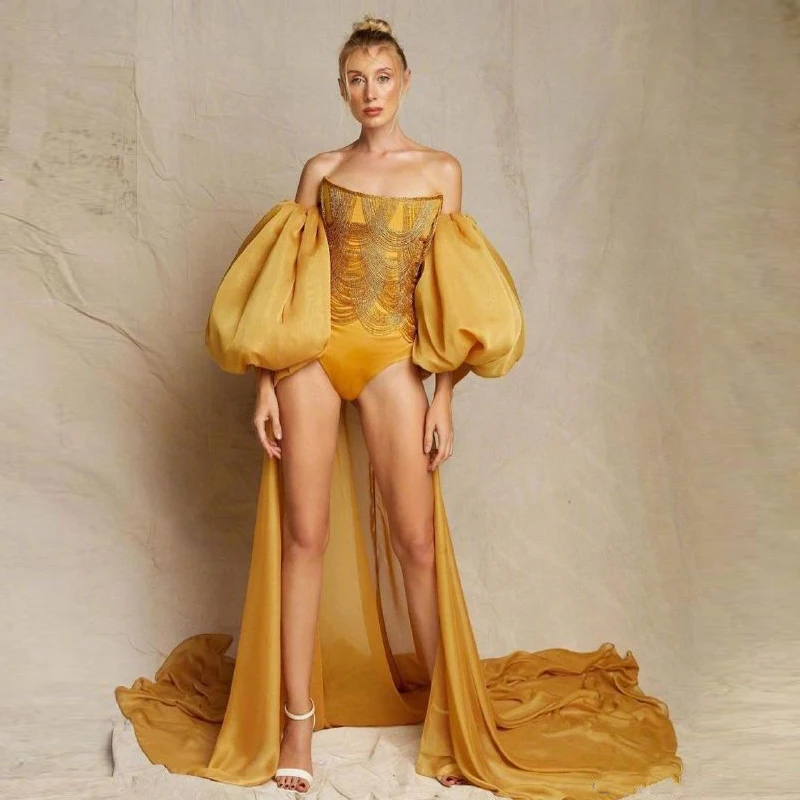 

Золотистые платья с расклешенными рукавами для выпускного вечера, боди, длинные платья для выпускного вечера с кисточками и хвостом, асимметричное сексуальное