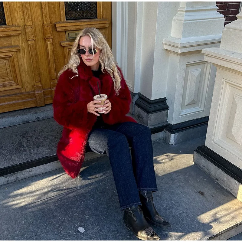 Luxury Women's Red Faux Fur Long Overcoat Fleece Thick Warm Full Sleeve Lapel Cardigan Coat Winter Fashion Loose Outerwear