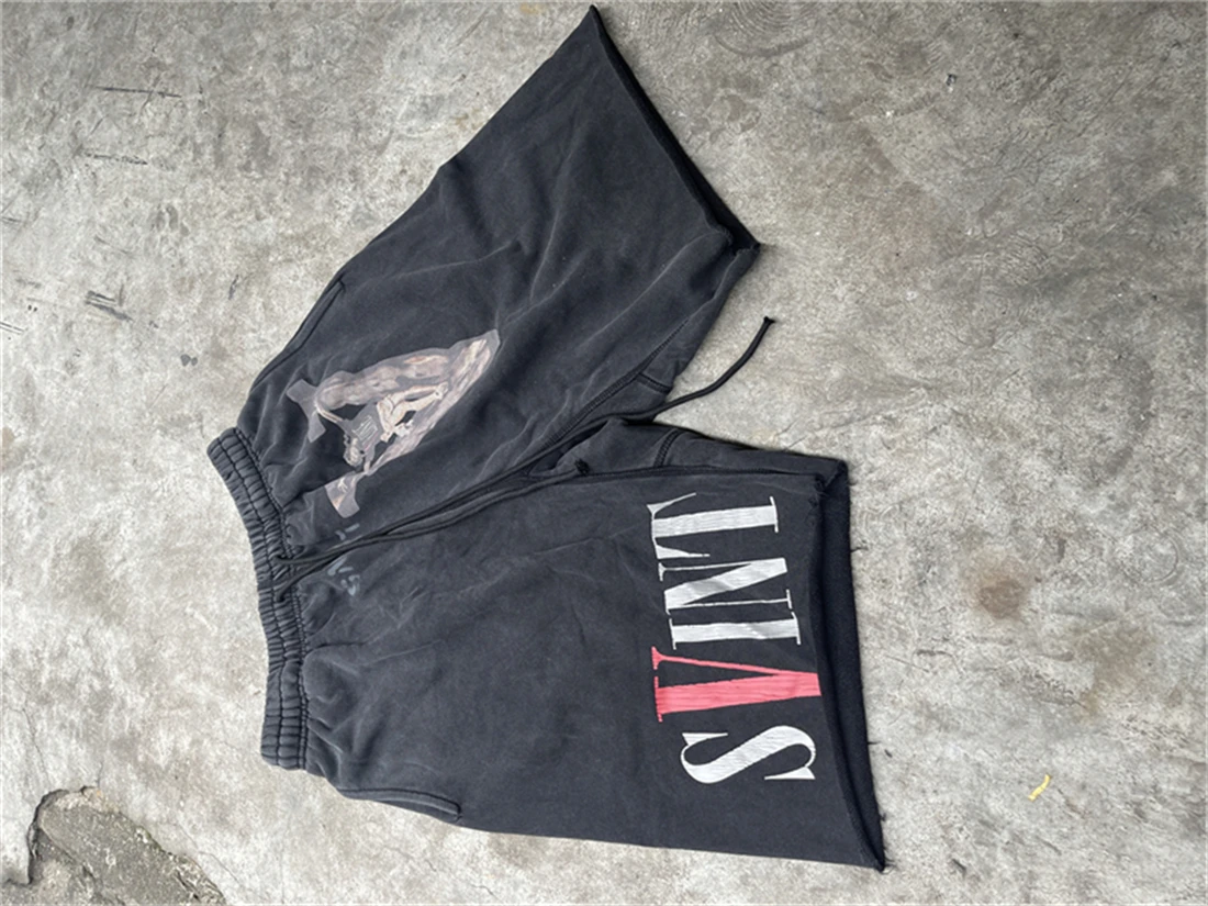 Saint Michael V Co branded Vintage Printed Shorts Fashion Brand High Street Casual Loose Washed Black Street Pure Cotton