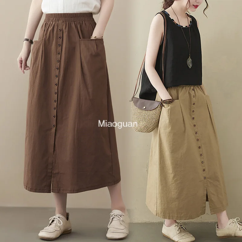 

Fashion Solid Skirts Summer Elegant Elastic Waist Skirt Woman Casual Button Down Front Robe Female OL Work Oversized Comfortable