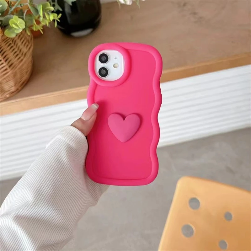 Cute Korean Kawaii 3D Candy Color Love Heart Wave Soft Phone Case