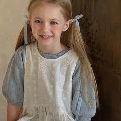 Children Clothing Girls Dress 2024 New Fashionable Spring Solid Color Lace Embroidery Princess Sweet Casual Sleeveless Dress